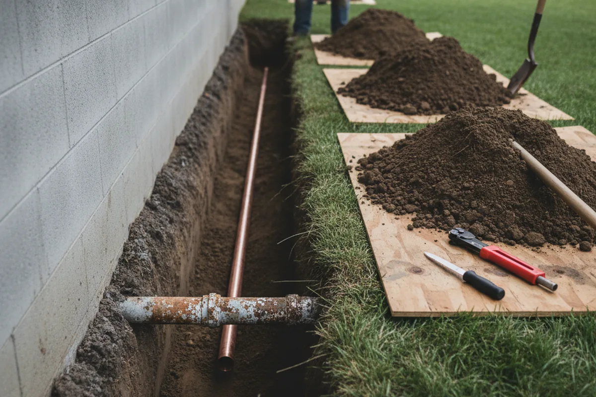 Excavated water line trench during Water Softener Installation in Union Hall